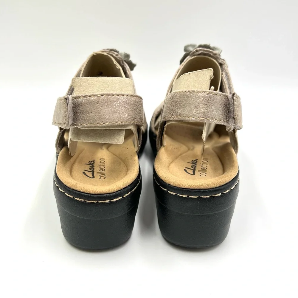 Clarks Size 6.5 Metallic Taupe Bronze‎ Floral T-Strap Wedge Sandals Shoes